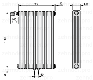 Схема (чертеж) Радиатор Zehnder Charleston 3180/10 №V007 Белый глянцевый RAL 9016